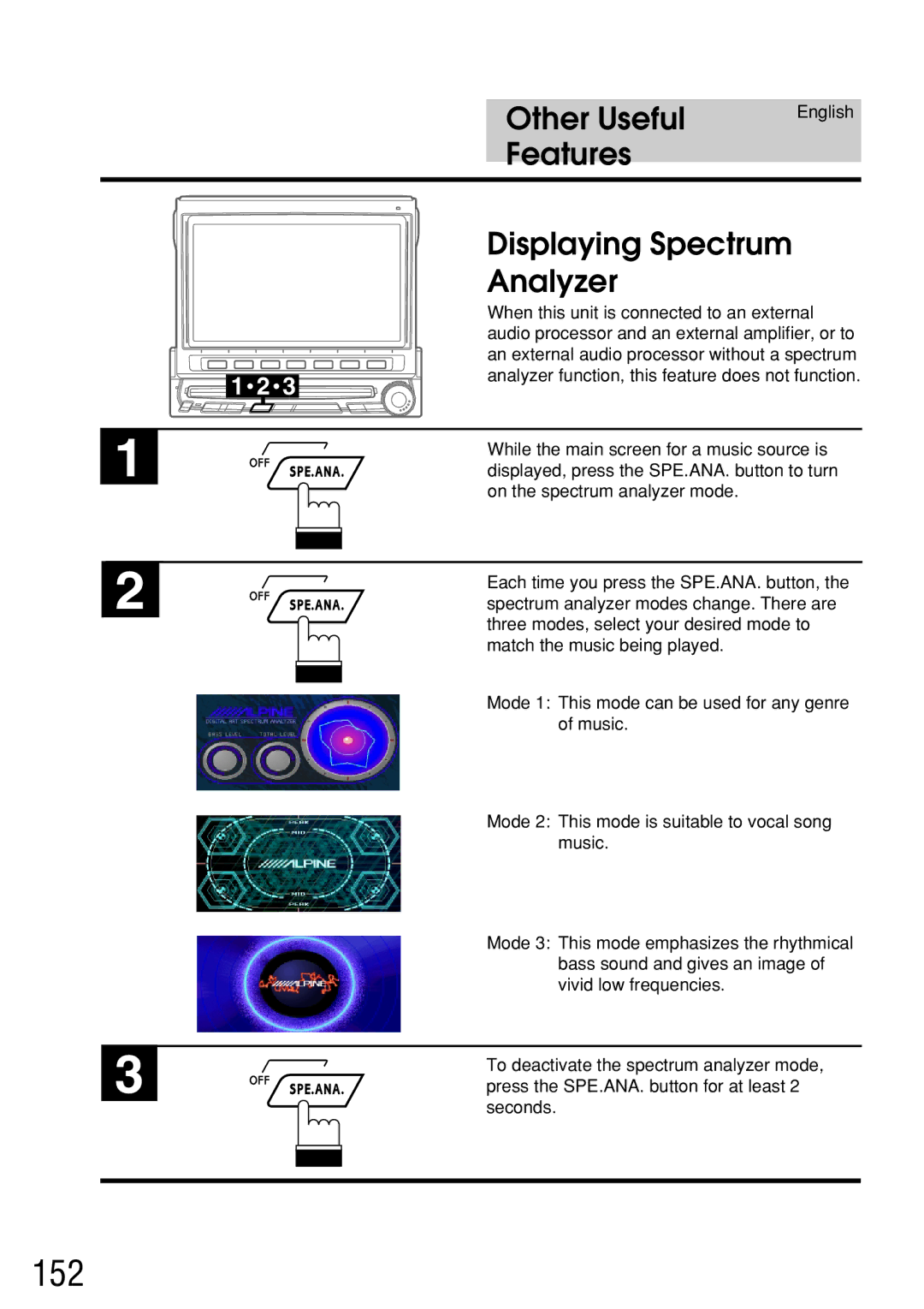 Alpine IVA-C800E owner manual 152, Other Useful Features, Displaying Spectrum Analyzer 