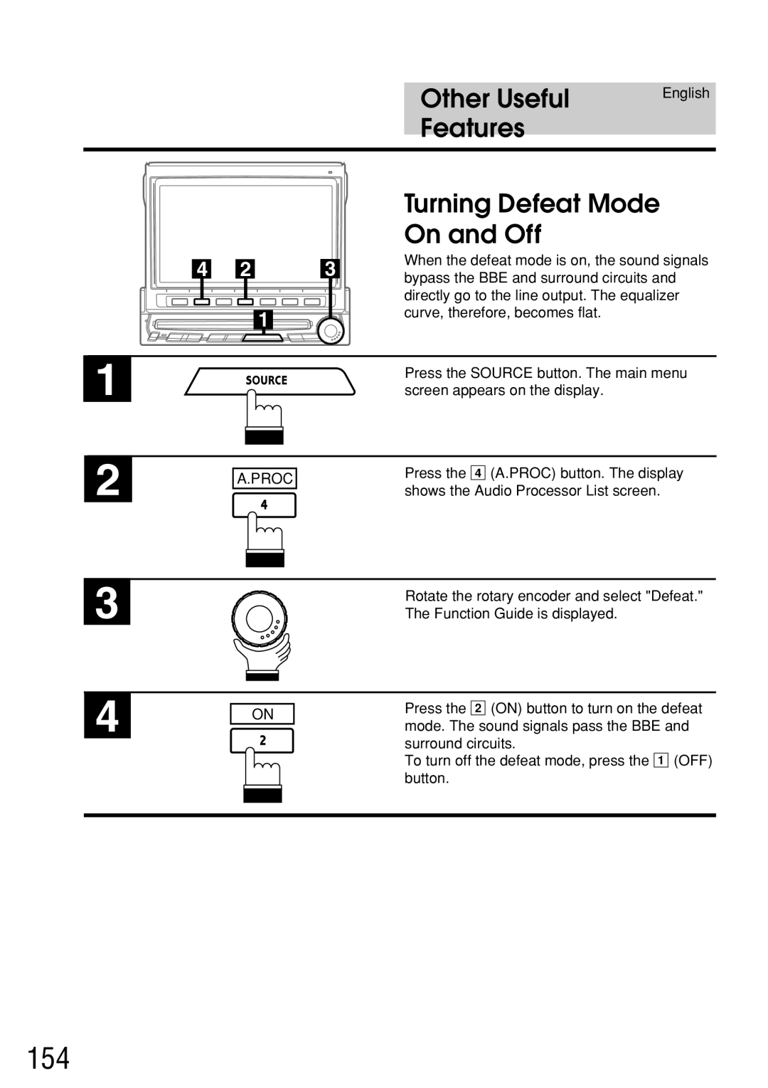 Alpine IVA-C800E owner manual 154, Other Useful, Features Turning Defeat Mode On and Off 