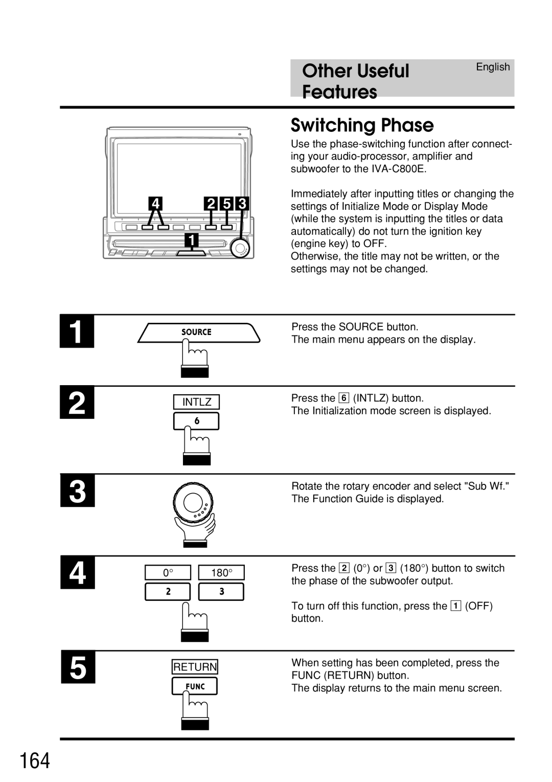 Alpine IVA-C800E owner manual 164, Features Switching Phase 