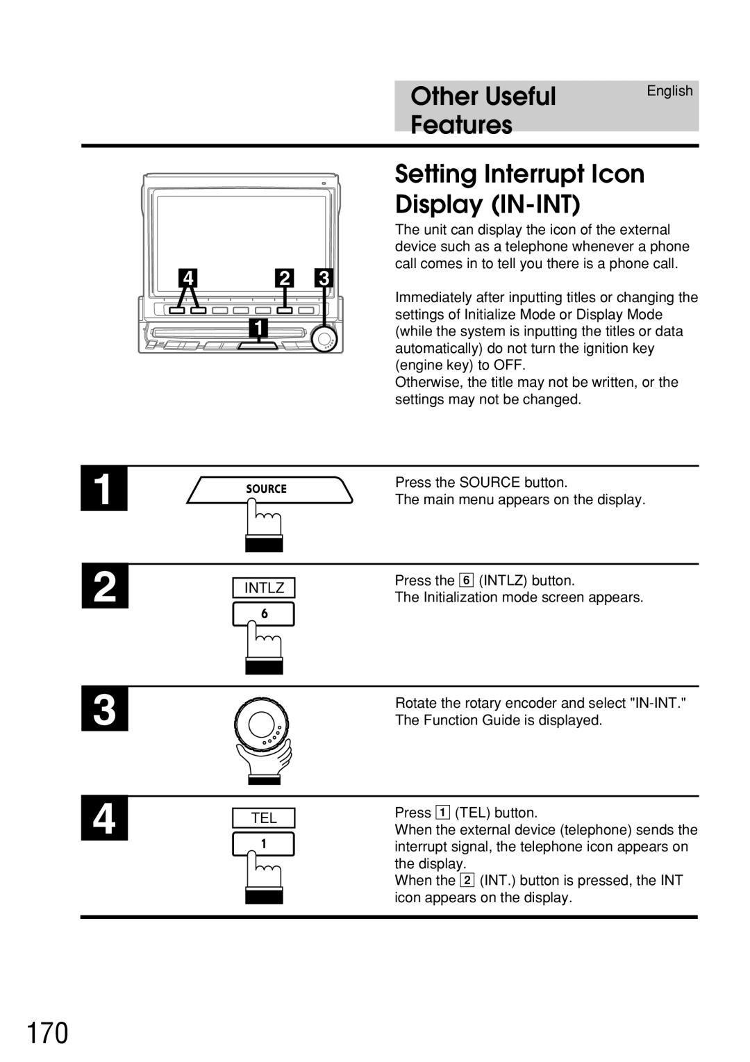 Alpine IVA-C800E owner manual 170, Features Setting Interrupt Icon Display IN-INT, Tel 