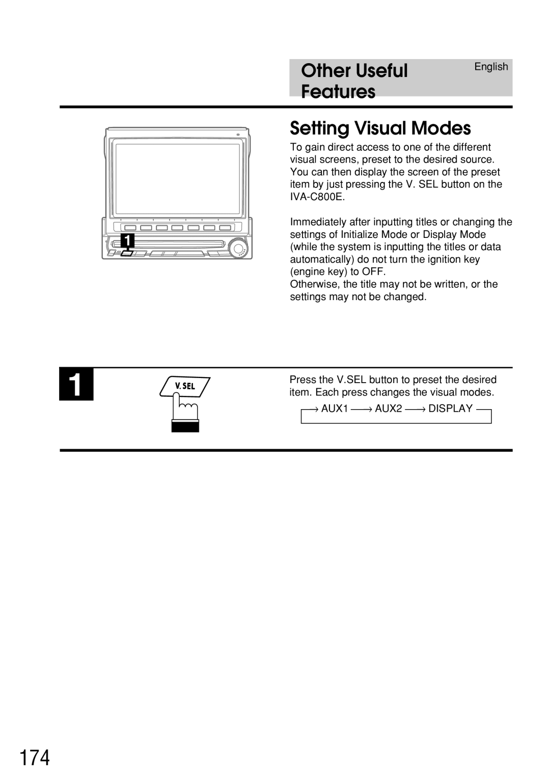 Alpine IVA-C800E owner manual 174, Features Setting Visual Modes, → AUX1 → AUX2 → Display 