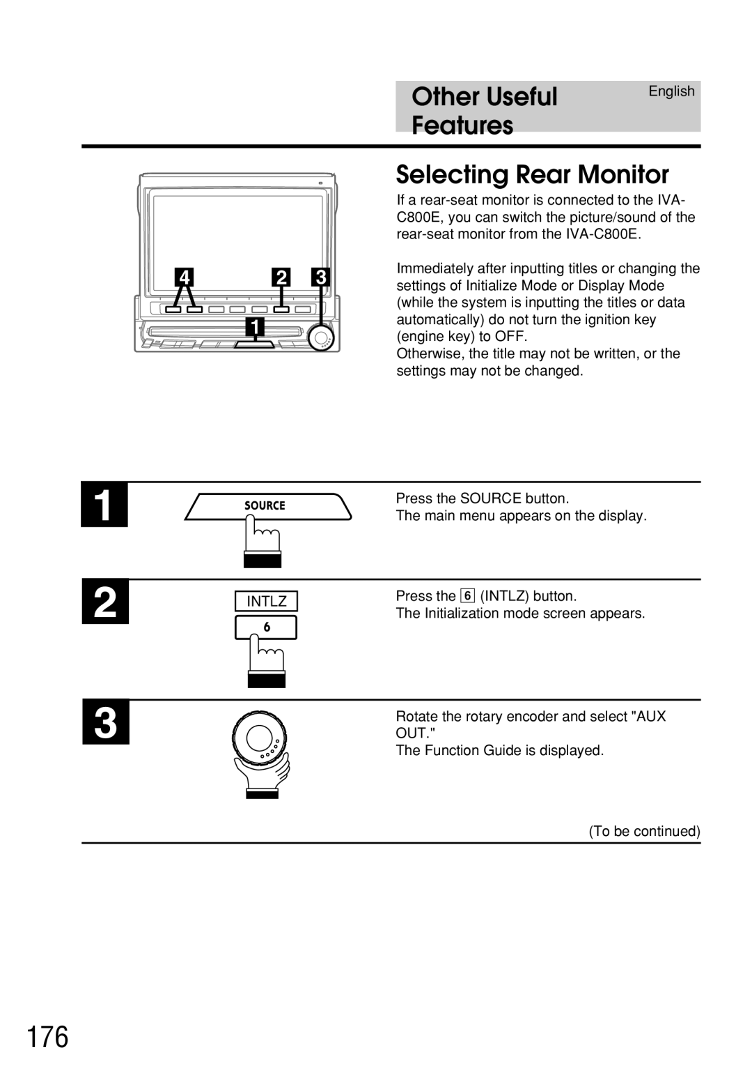 Alpine IVA-C800E owner manual 176, Selecting Rear Monitor, Out 