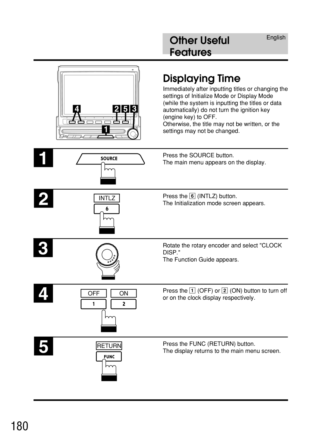 Alpine IVA-C800E owner manual 180, Displaying Time 