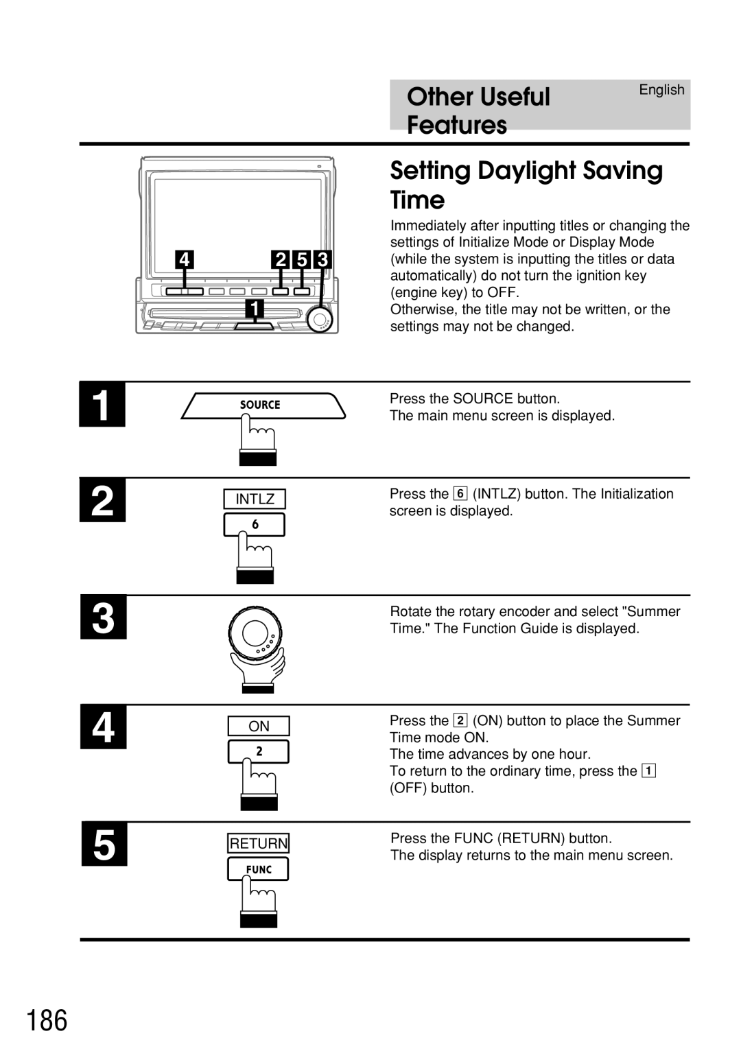 Alpine IVA-C800E owner manual 186, Setting Daylight Saving Time 