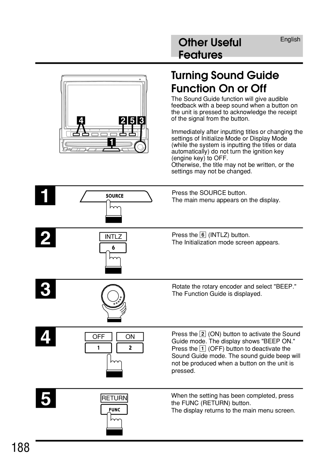 Alpine IVA-C800E owner manual 188, Features Turning Sound Guide Function On or Off 