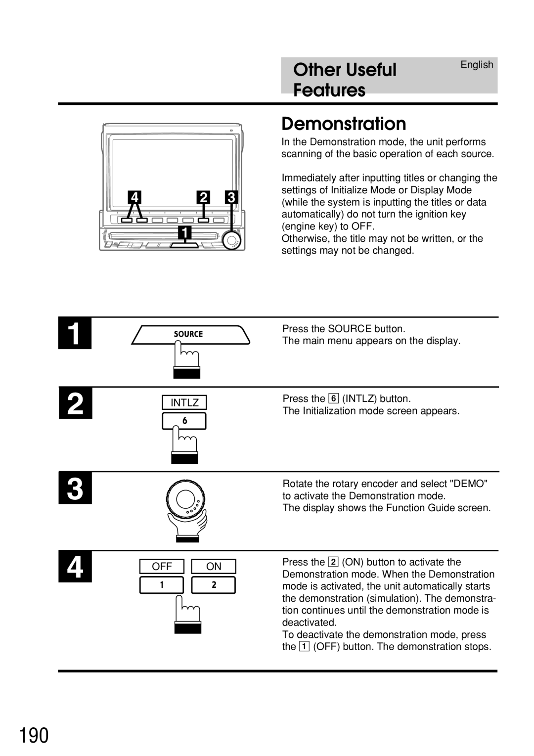 Alpine IVA-C800E owner manual 190, Features Demonstration 