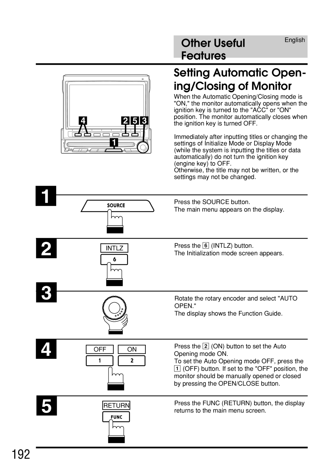 Alpine IVA-C800E owner manual 192, Setting Automatic Open- ing/Closing of Monitor 