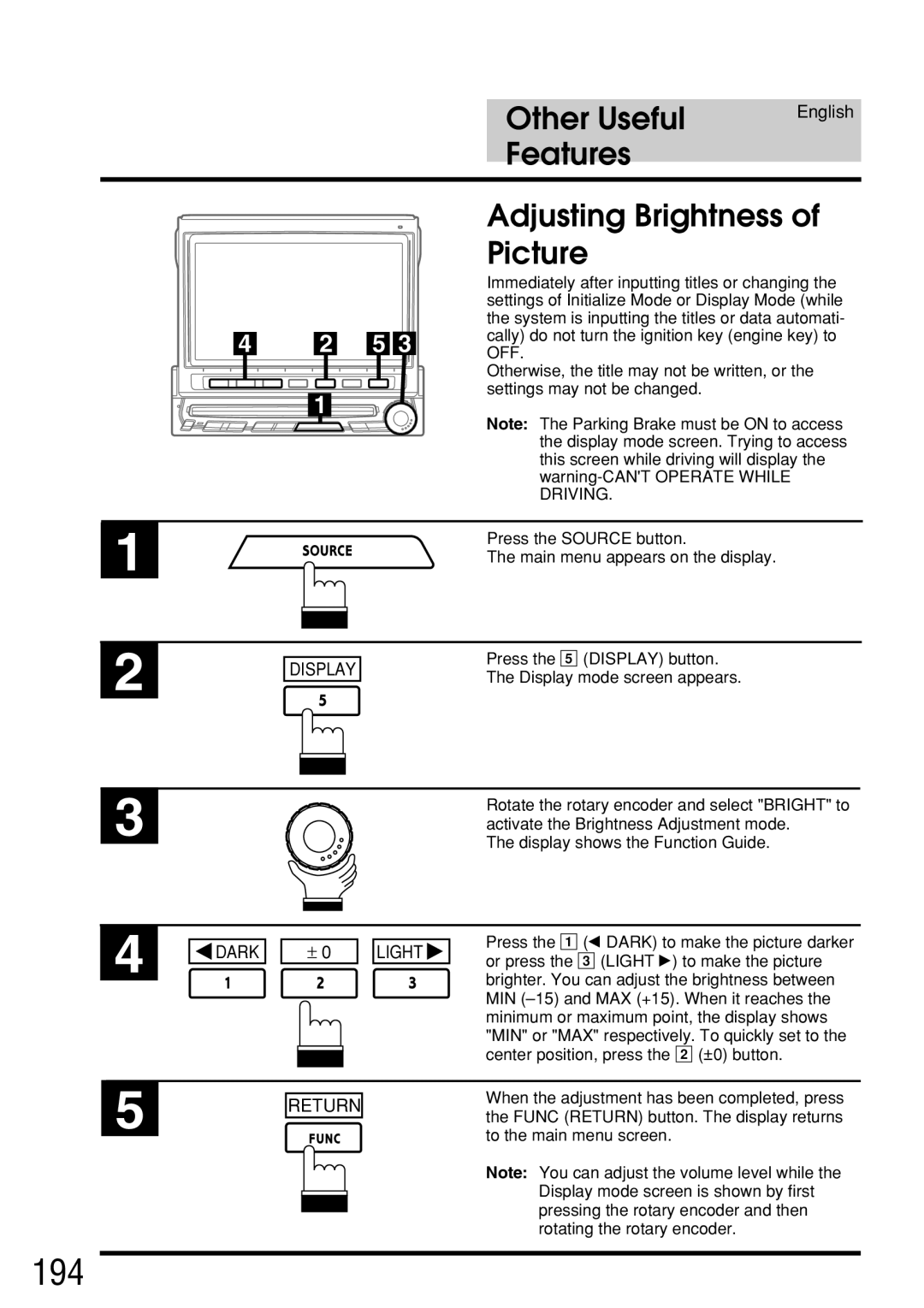 Alpine IVA-C800E owner manual 194, Features Adjusting Brightness Picture, Dark, Light 