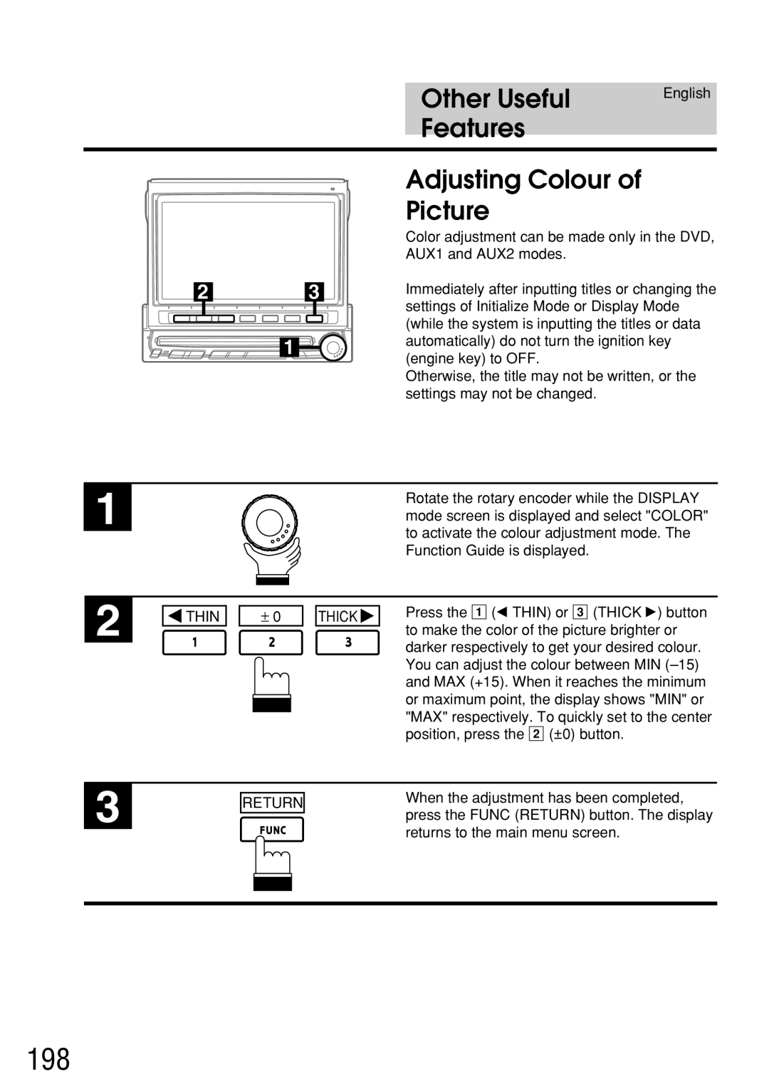 Alpine IVA-C800E owner manual 198, Features Adjusting Colour Picture, Thick 