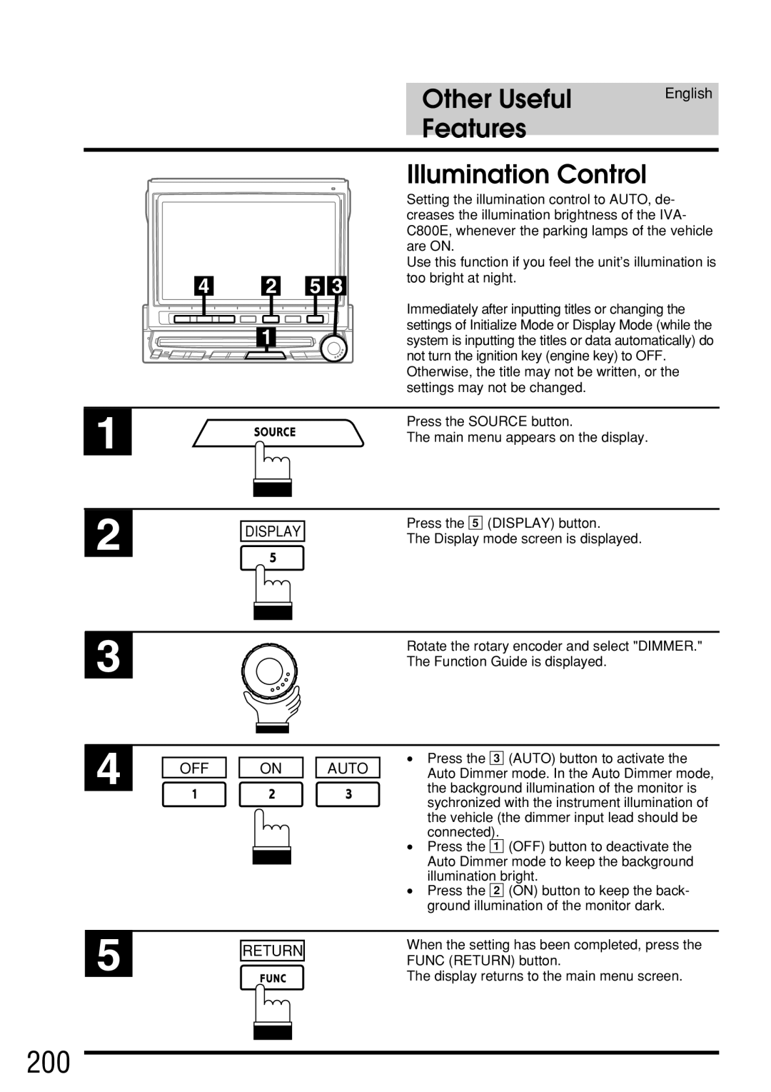 Alpine IVA-C800E owner manual 200, Features Illumination Control, OFF Auto 