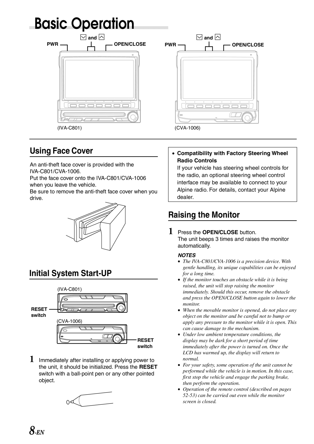 Alpine IVA-C801 owner manual Using Face Cover, Initial System Start-UP, Raising the Monitor 