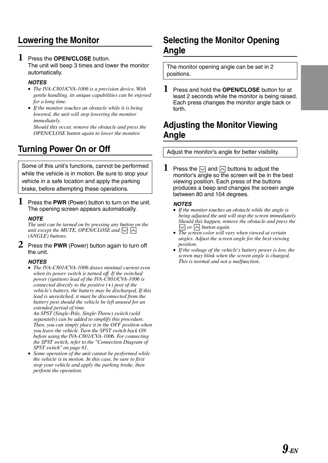 Alpine IVA-C801 owner manual Lowering the Monitor, Turning Power On or Off, Selecting the Monitor Opening Angle 