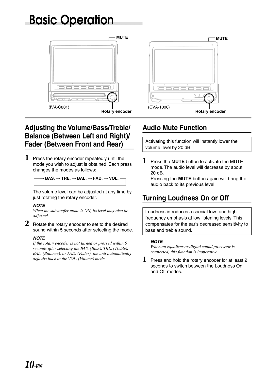Alpine IVA-C801 owner manual Fader Between Front and Rear, Audio Mute Function, Turning Loudness On or Off, 10-EN 