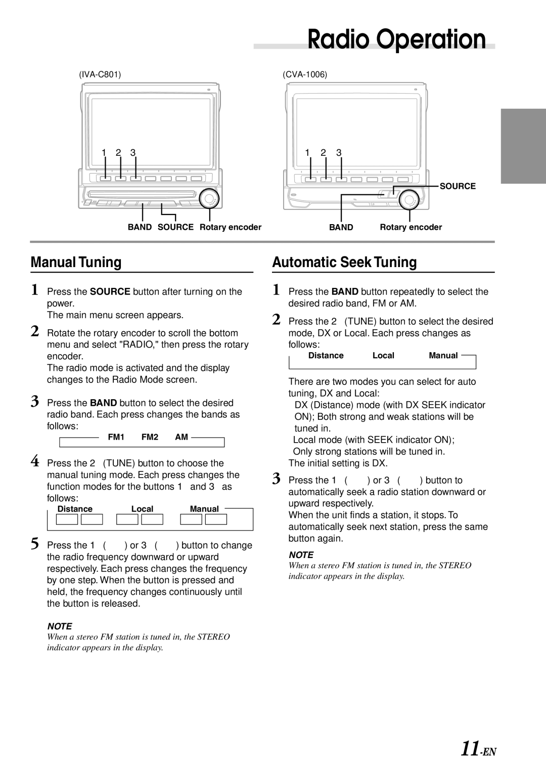 Alpine IVA-C801 owner manual Radio Operation, Manual Tuning, Automatic Seek Tuning, 11-EN 