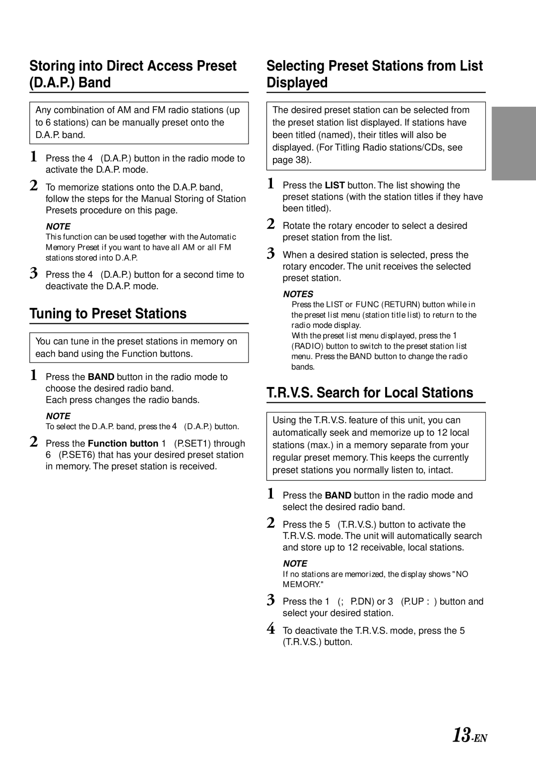 Alpine IVA-C801 Storing into Direct Access Preset D.A.P. Band, Tuning to Preset Stations, V.S. Search for Local Stations 