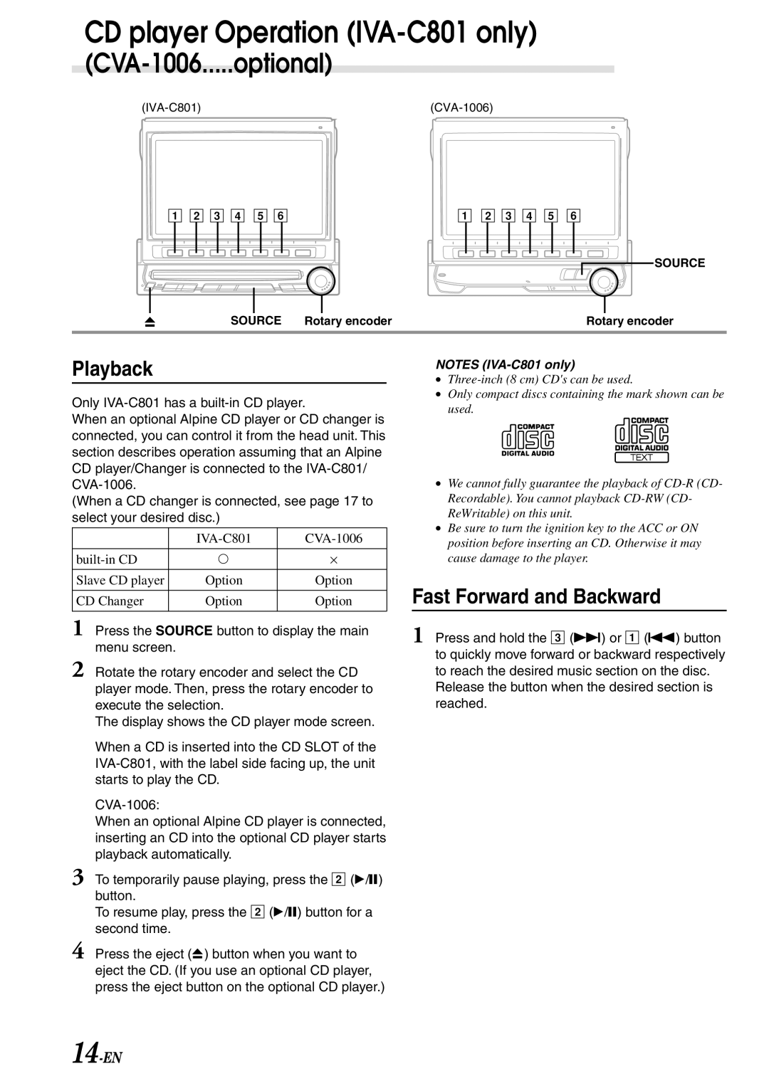 Alpine IVA-C801 owner manual Playback, Fast Forward and Backward, 14-EN 