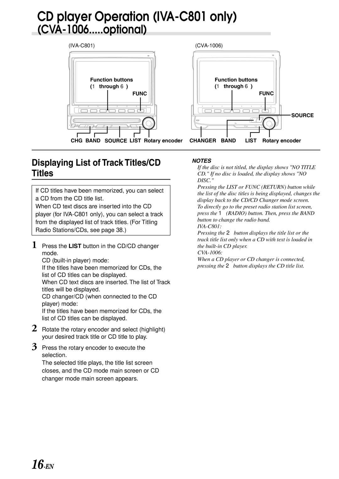 Alpine IVA-C801 owner manual Displaying List of Track Titles/CD Titles, 16-EN 