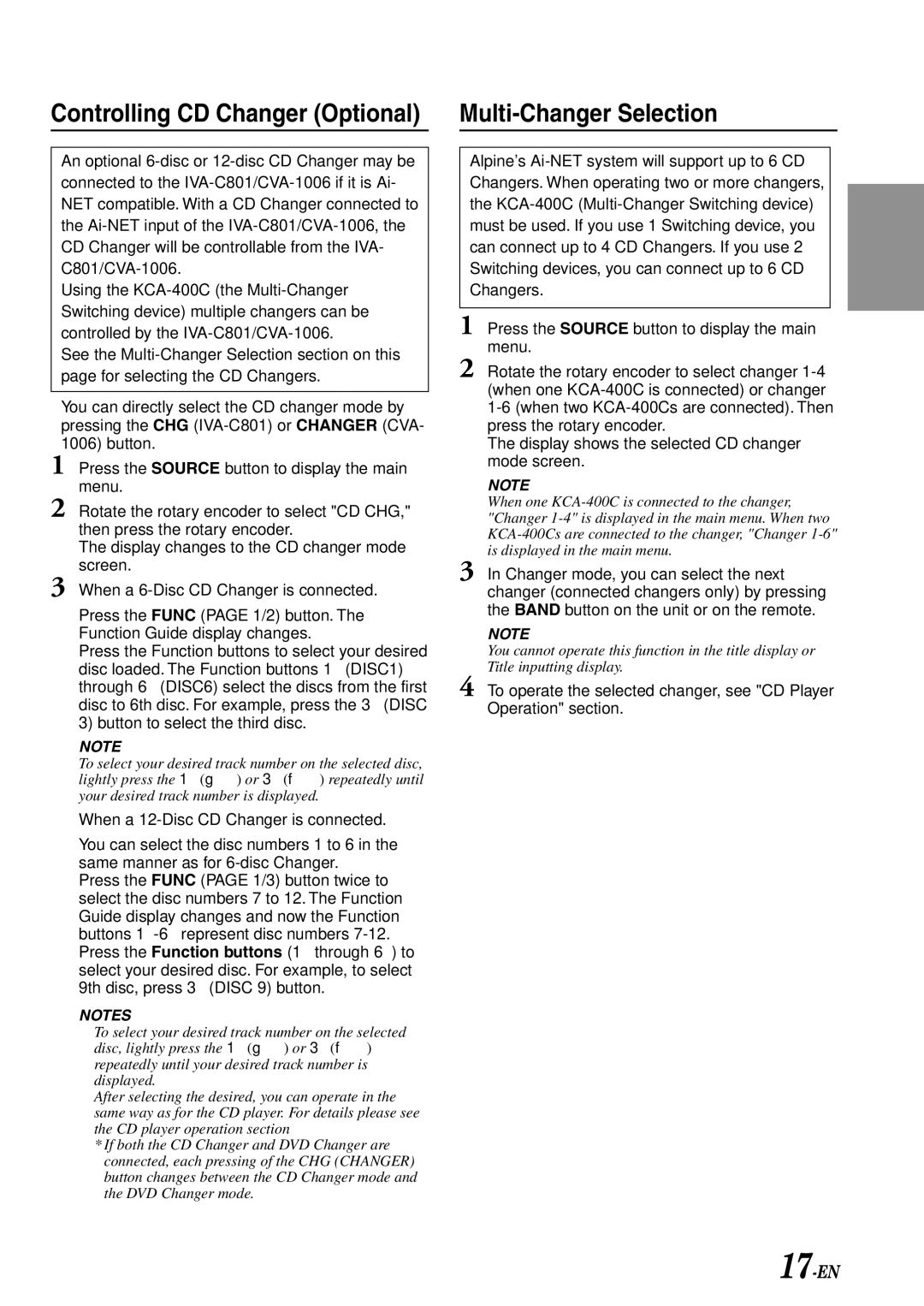 Alpine IVA-C801 owner manual Multi-Changer Selection, Controlling CD Changer Optional, 17-EN 