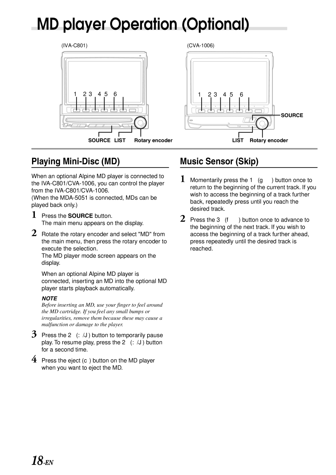 Alpine IVA-C801 owner manual MD player Operation Optional, Playing Mini-Disc MD, 18-EN 