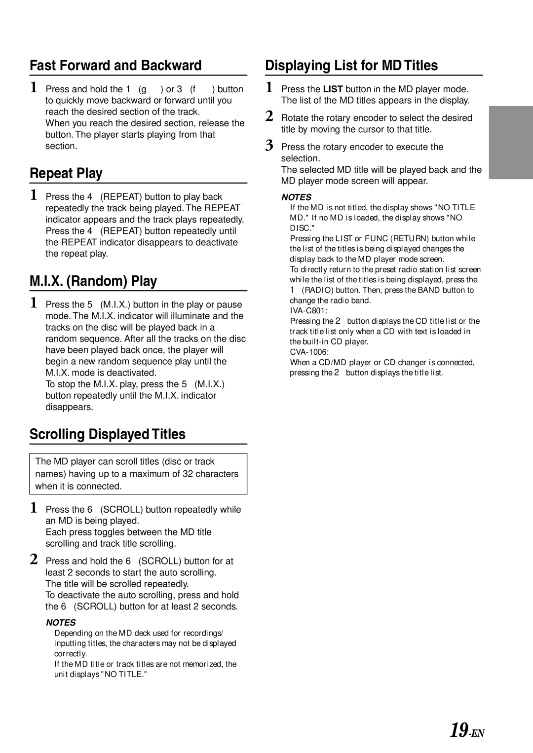 Alpine IVA-C801 owner manual Scrolling Displayed Titles, Displaying List for MD Titles, 19-EN 