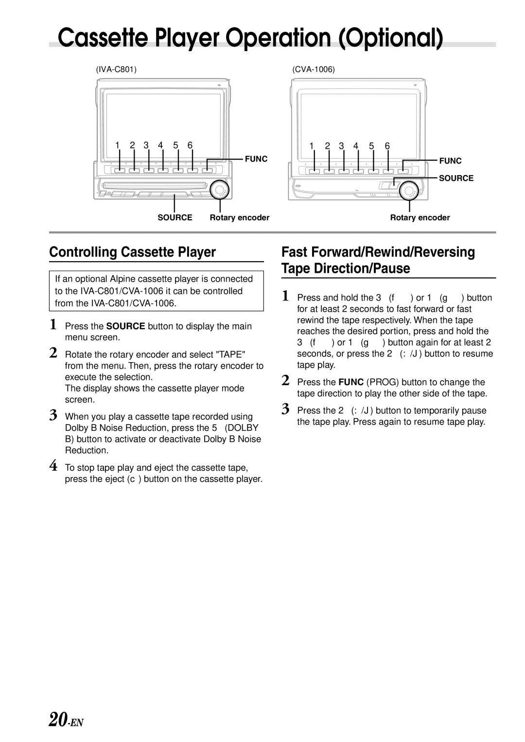 Alpine IVA-C801 owner manual Cassette Player Operation Optional, Controlling Cassette Player, 20-EN 