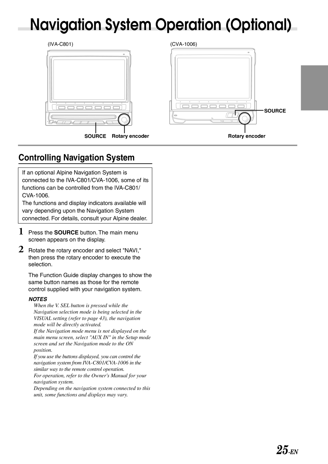 Alpine IVA-C801 owner manual Navigation System Operation Optional, Controlling Navigation System, 25-EN 