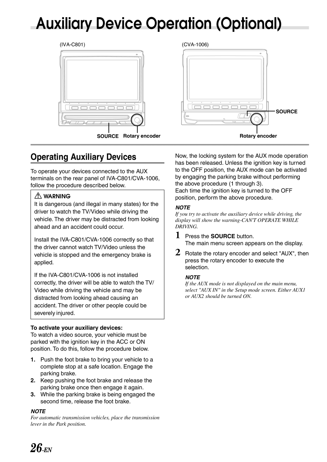 Alpine IVA-C801 owner manual Auxiliary Device Operation Optional, Operating Auxiliary Devices, 26-EN 