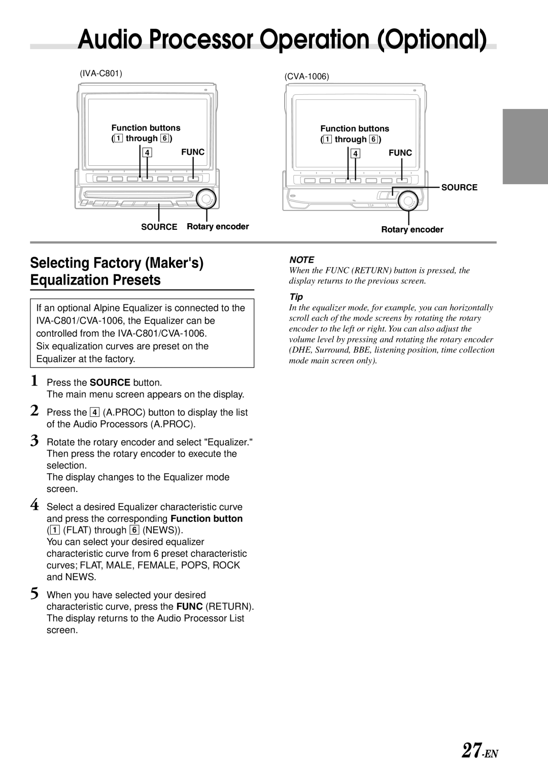 Alpine IVA-C801 owner manual Audio Processor Operation Optional, Selecting Factory Makers Equalization Presets, 27-EN 