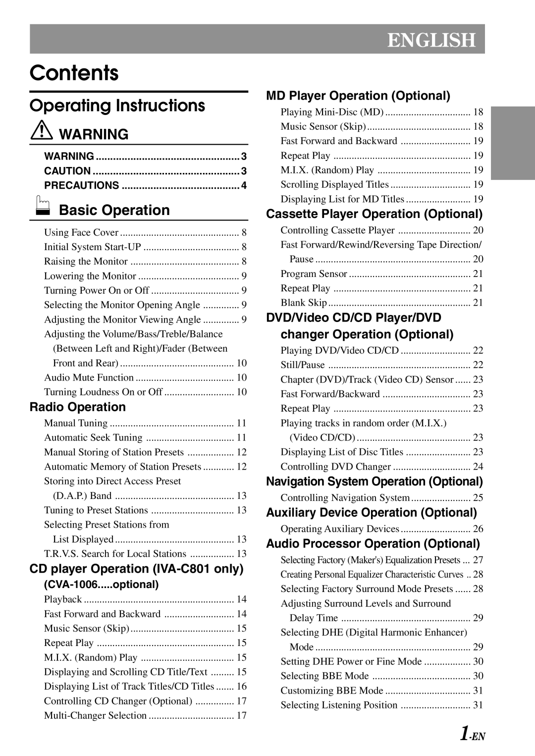 Alpine IVA-C801 owner manual Contents 