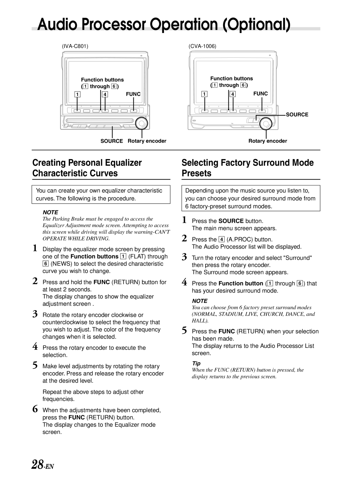 Alpine IVA-C801 Selecting Factory Surround Mode Presets, Creating Personal Equalizer Characteristic Curves, 28-EN 