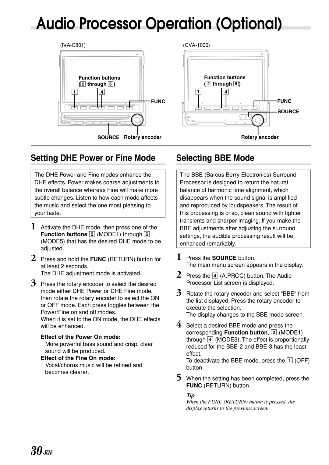 Alpine IVA-C801 owner manual Selecting BBE Mode, Setting DHE Power or Fine Mode, 30-EN, Effect of the Power On mode 