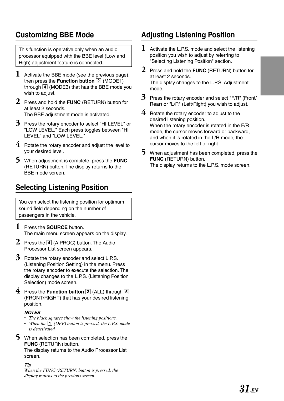 Alpine IVA-C801 owner manual Customizing BBE Mode Adjusting Listening Position, Selecting Listening Position, 31-EN 