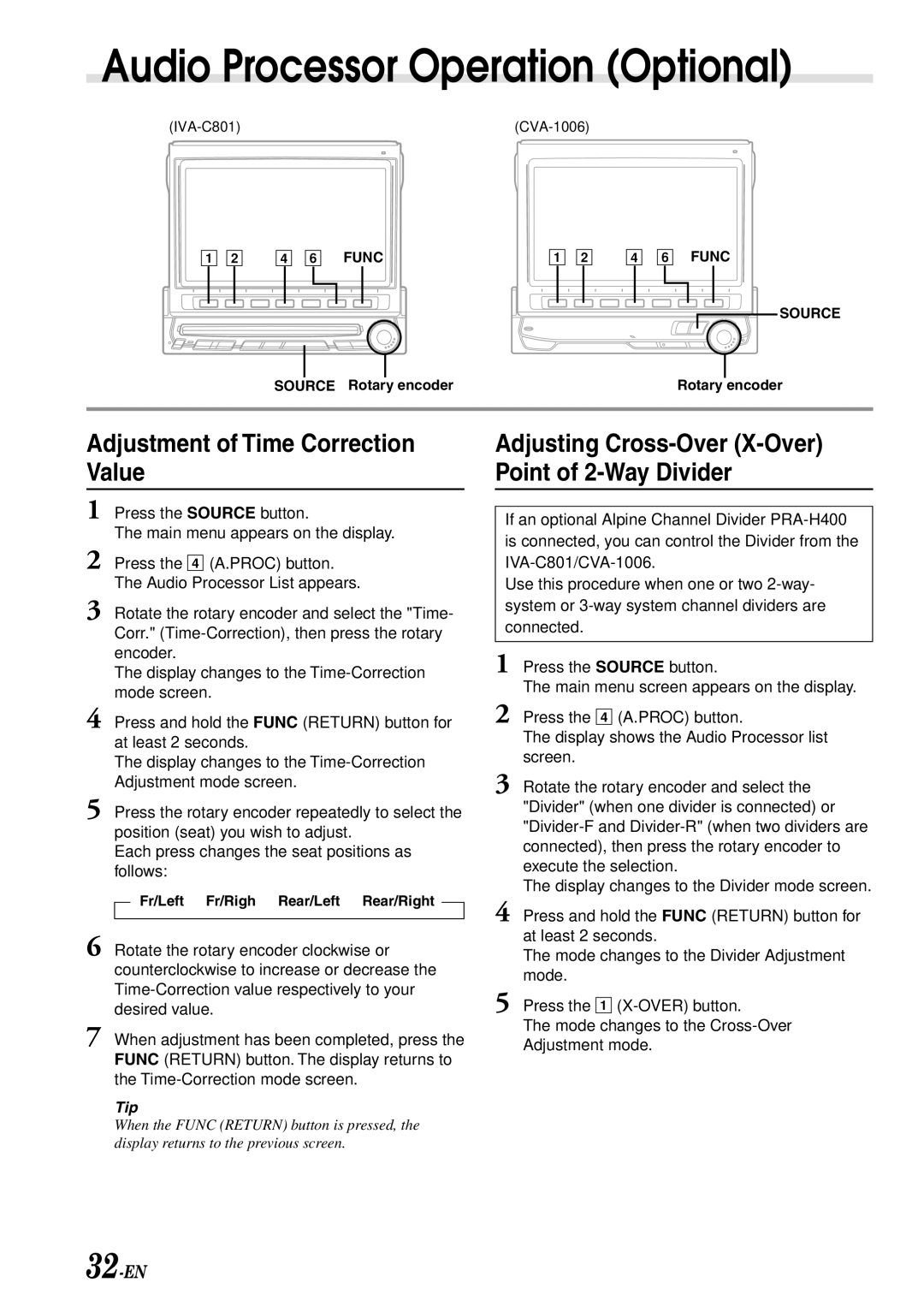 Alpine IVA-C801 owner manual Adjustment of Time Correction Value, Adjusting Cross-Over X-Over Point of 2-Way Divider, 32-EN 