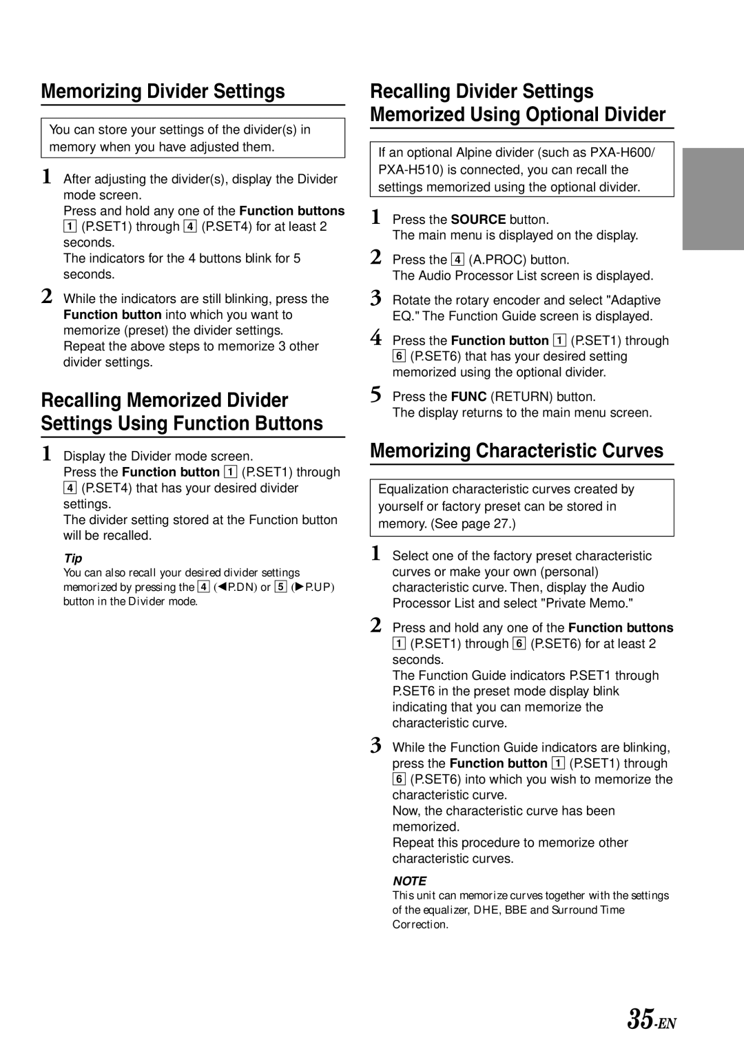 Alpine IVA-C801 owner manual Memorizing Divider Settings, Memorizing Characteristic Curves, 35-EN 