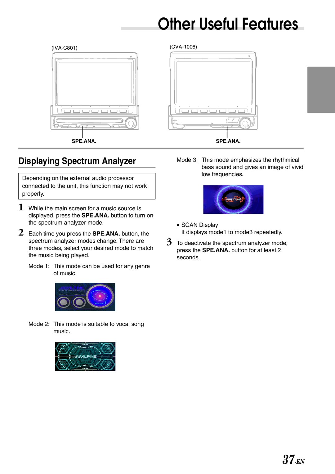 Alpine IVA-C801 owner manual Other Useful Features, Displaying Spectrum Analyzer, 37-EN 