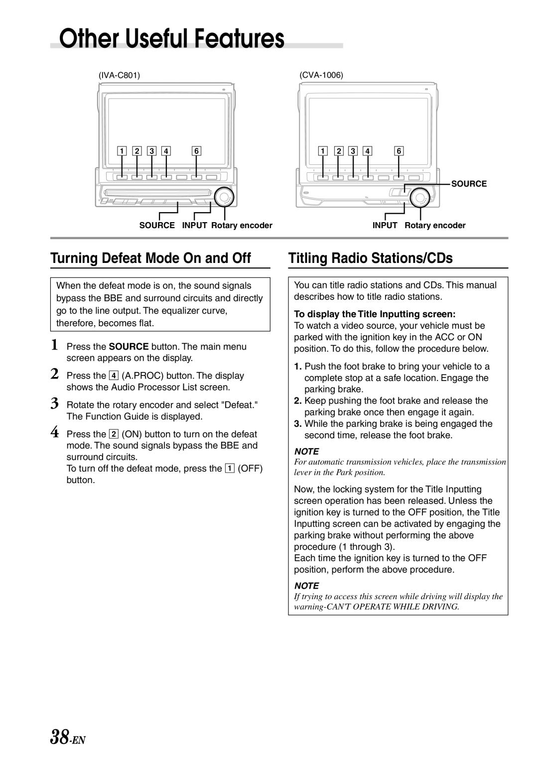 Alpine IVA-C801 Turning Defeat Mode On and Off, Titling Radio Stations/CDs, 38-EN, To display the Title Inputting screen 