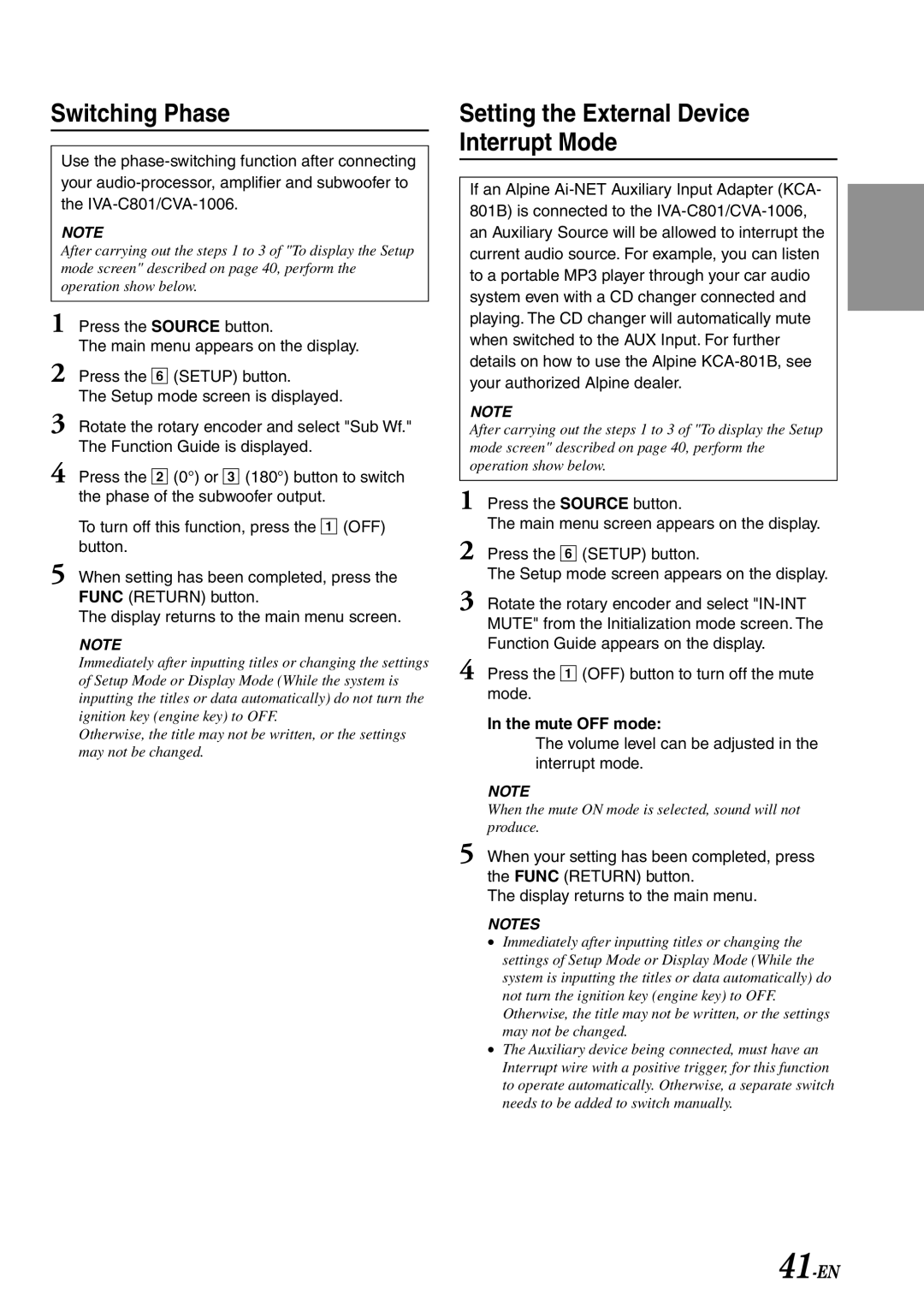 Alpine IVA-C801 owner manual Switching Phase, Setting the External Device Interrupt Mode, 41-EN, Mute OFF mode 