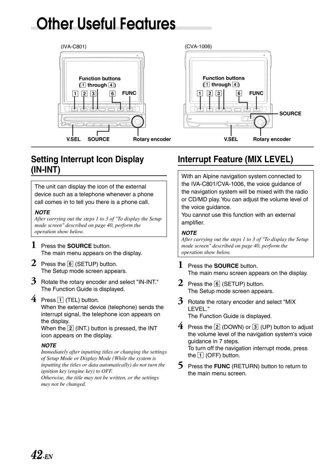 Alpine IVA-C801 owner manual Setting Interrupt Icon Display IN-INT, Interrupt Feature MIX Level, 42-EN 