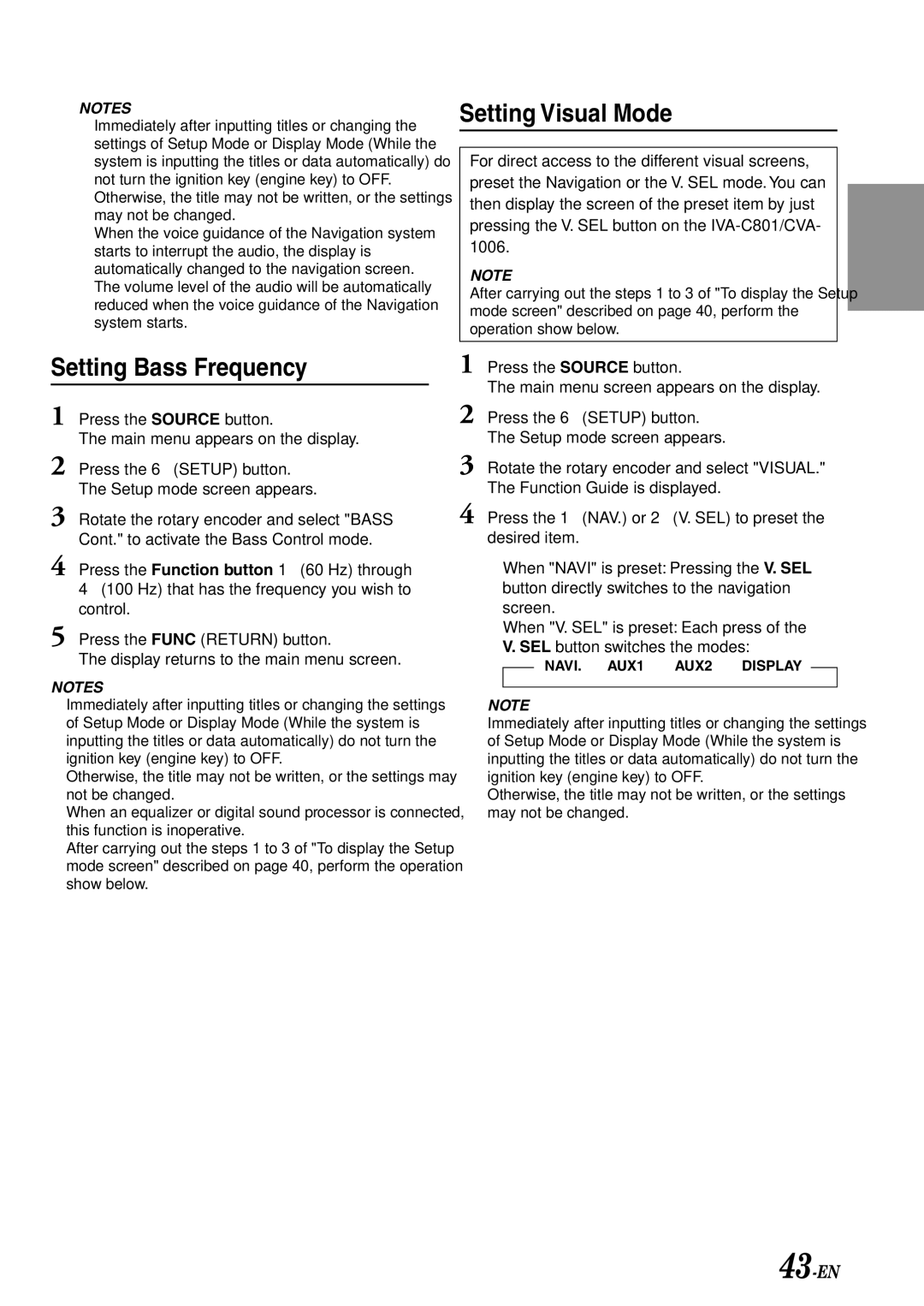 Alpine IVA-C801 owner manual Setting Bass Frequency, Setting Visual Mode, 43-EN 