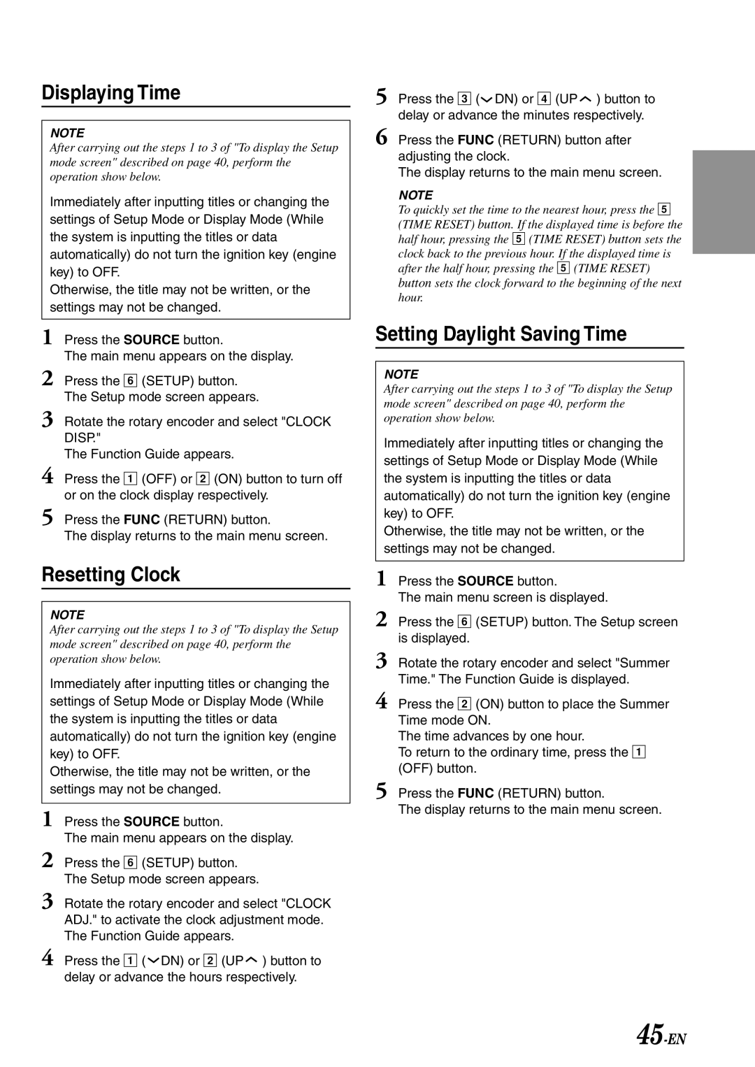 Alpine IVA-C801 owner manual Displaying Time, Resetting Clock, Setting Daylight Saving Time, 45-EN 