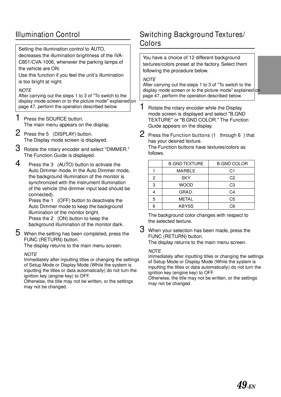 Alpine IVA-C801 owner manual Illumination Control, Switching Background Textures/ Colors, 49-EN 