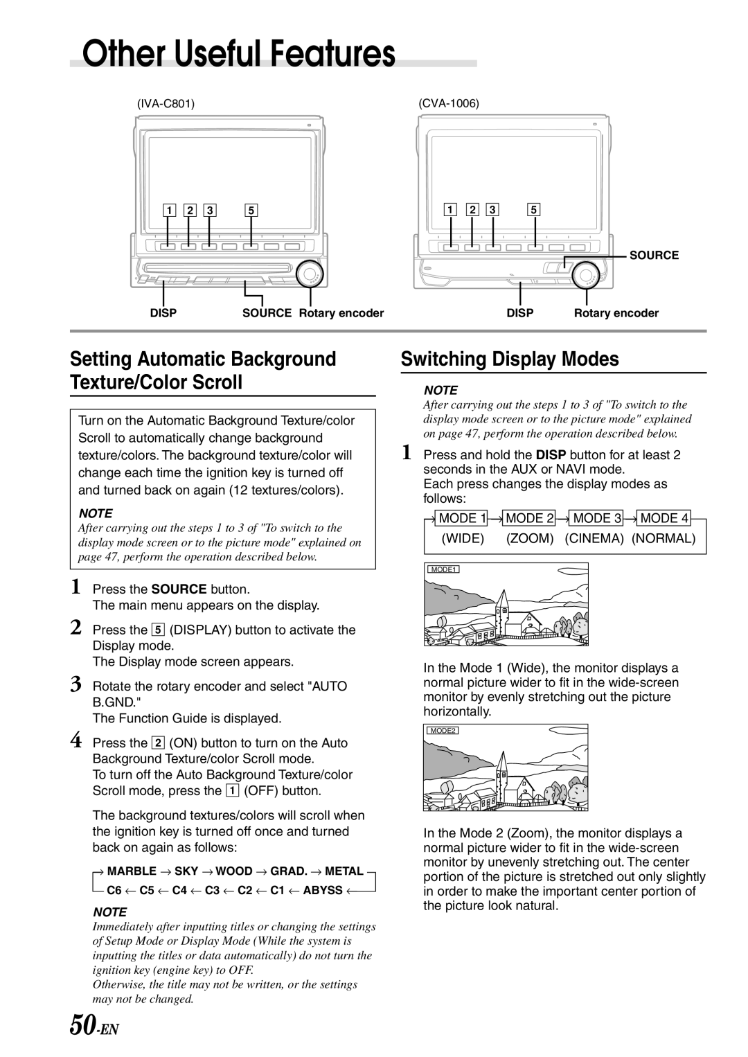 Alpine IVA-C801 owner manual Switching Display Modes, Setting Automatic Background Texture/Color Scroll, 50-EN 