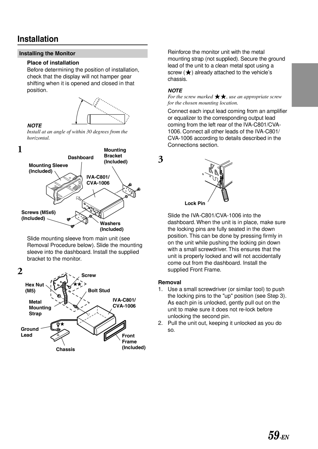 Alpine IVA-C801 owner manual Installation, 59-EN, Installing the Monitor Place of installation, Removal 