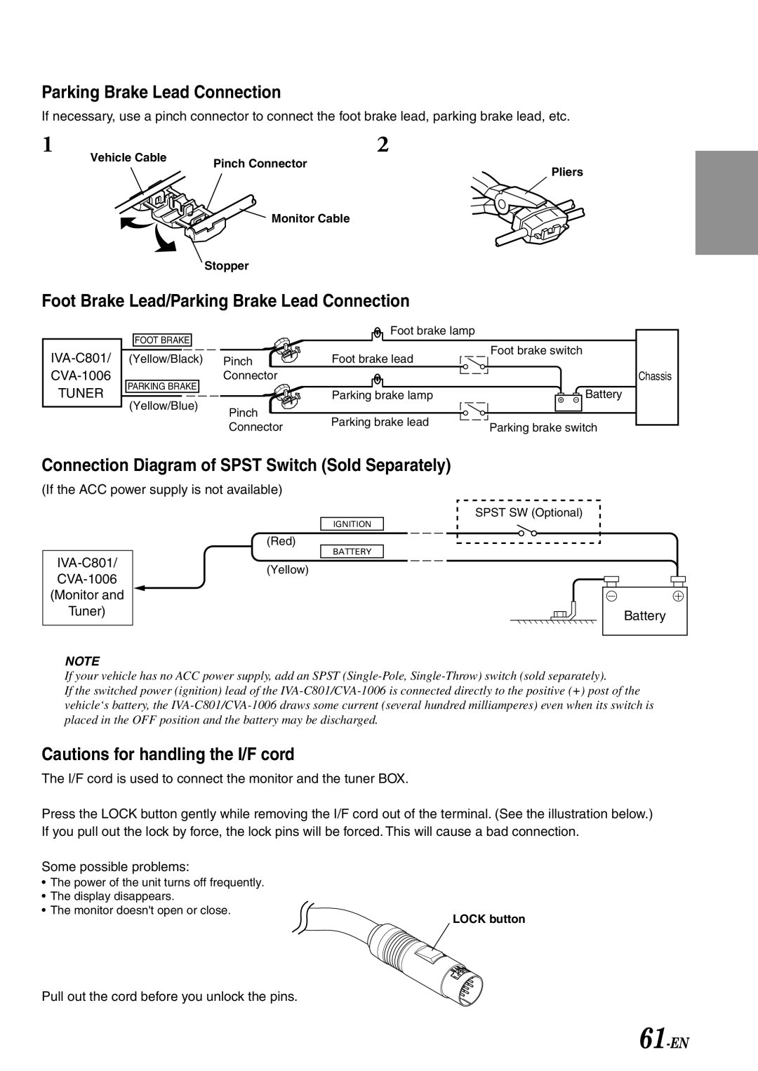 Alpine IVA-C801 owner manual Parking Brake Lead Connection, 61-EN 