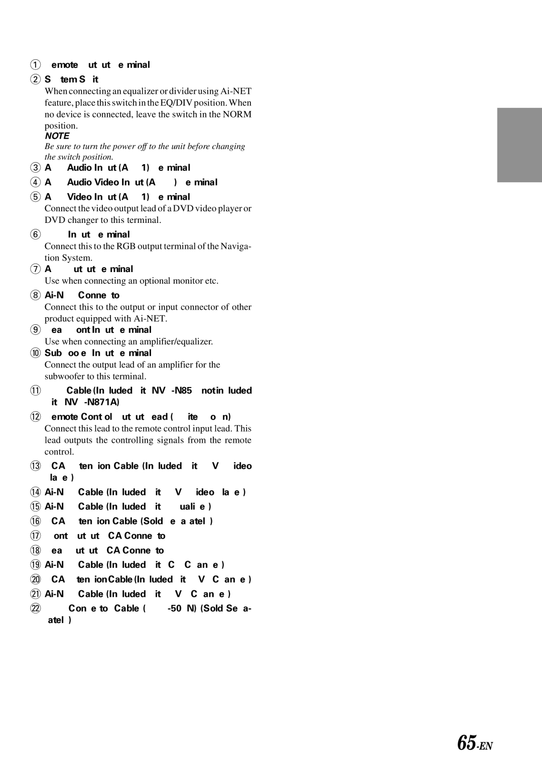 Alpine IVA-C801 owner manual 65-EN, Remote Output Terminal System Switch 