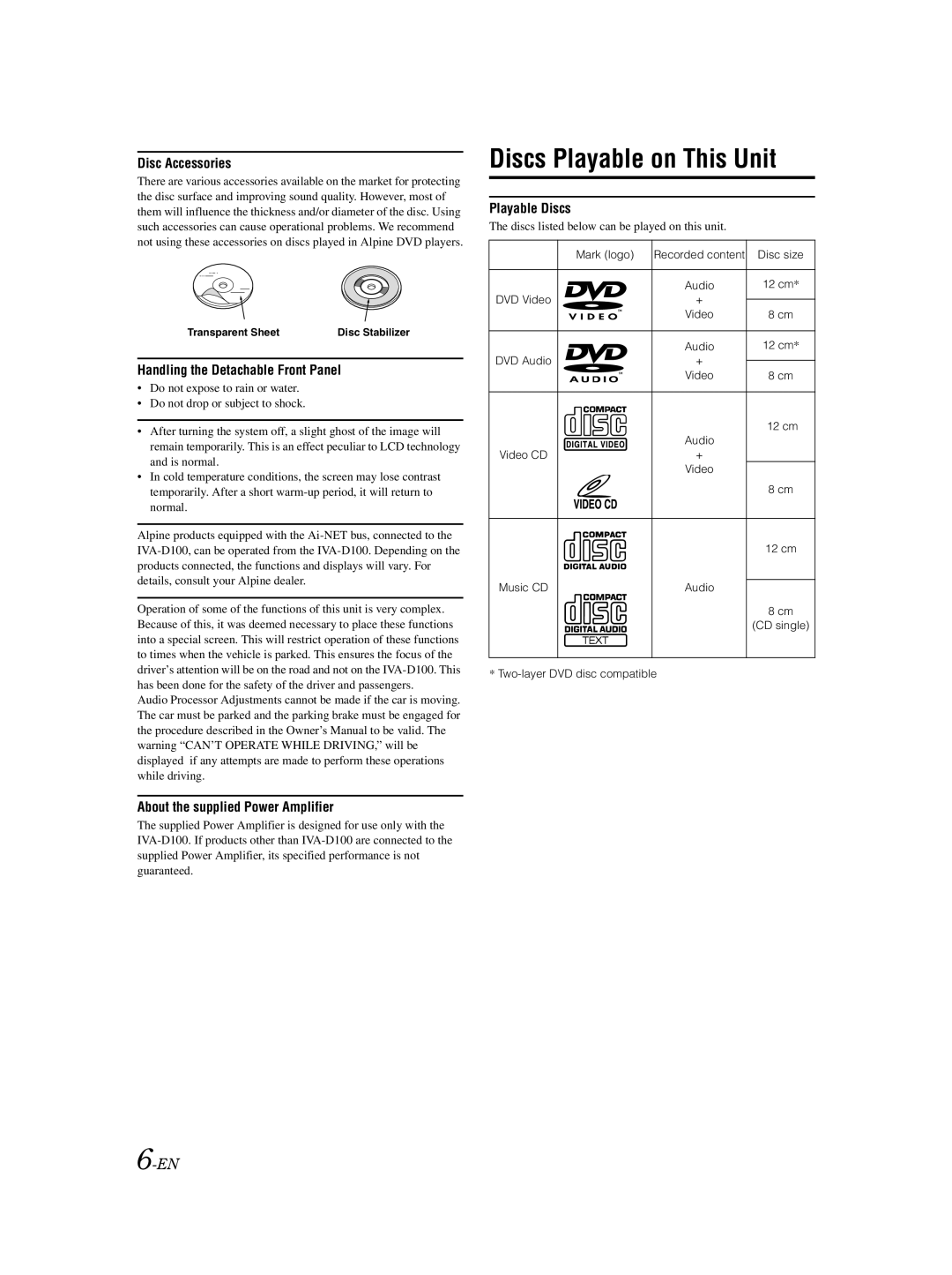 Alpine IVA-D100 owner manual Mark logo, Disc size, Video CD, CD single, Two-layer DVD disc compatible 