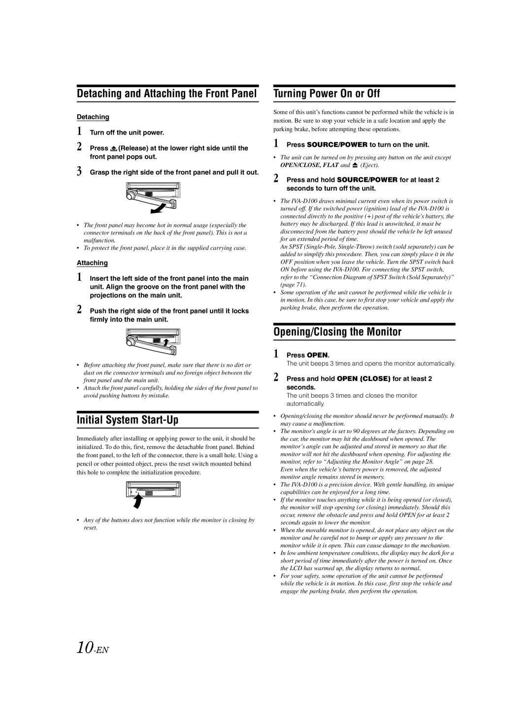 Alpine IVA-D100 owner manual Initial System Start-Up, Turning Power On or Off, Opening/Closing the Monitor, 10-EN 