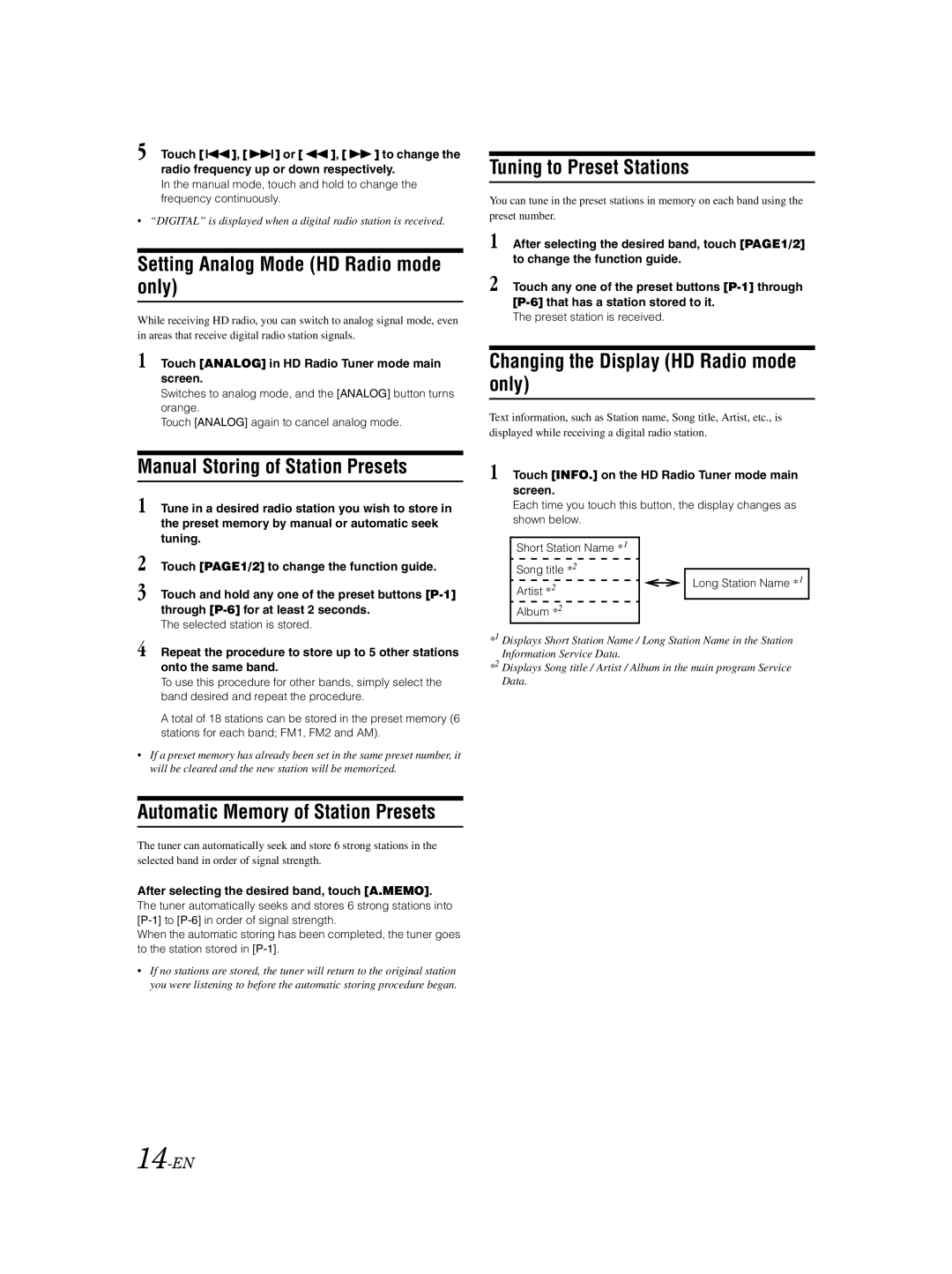 Alpine IVA-D100 Setting Analog Mode HD Radio mode only, Manual Storing of Station Presets, Tuning to Preset Stations 