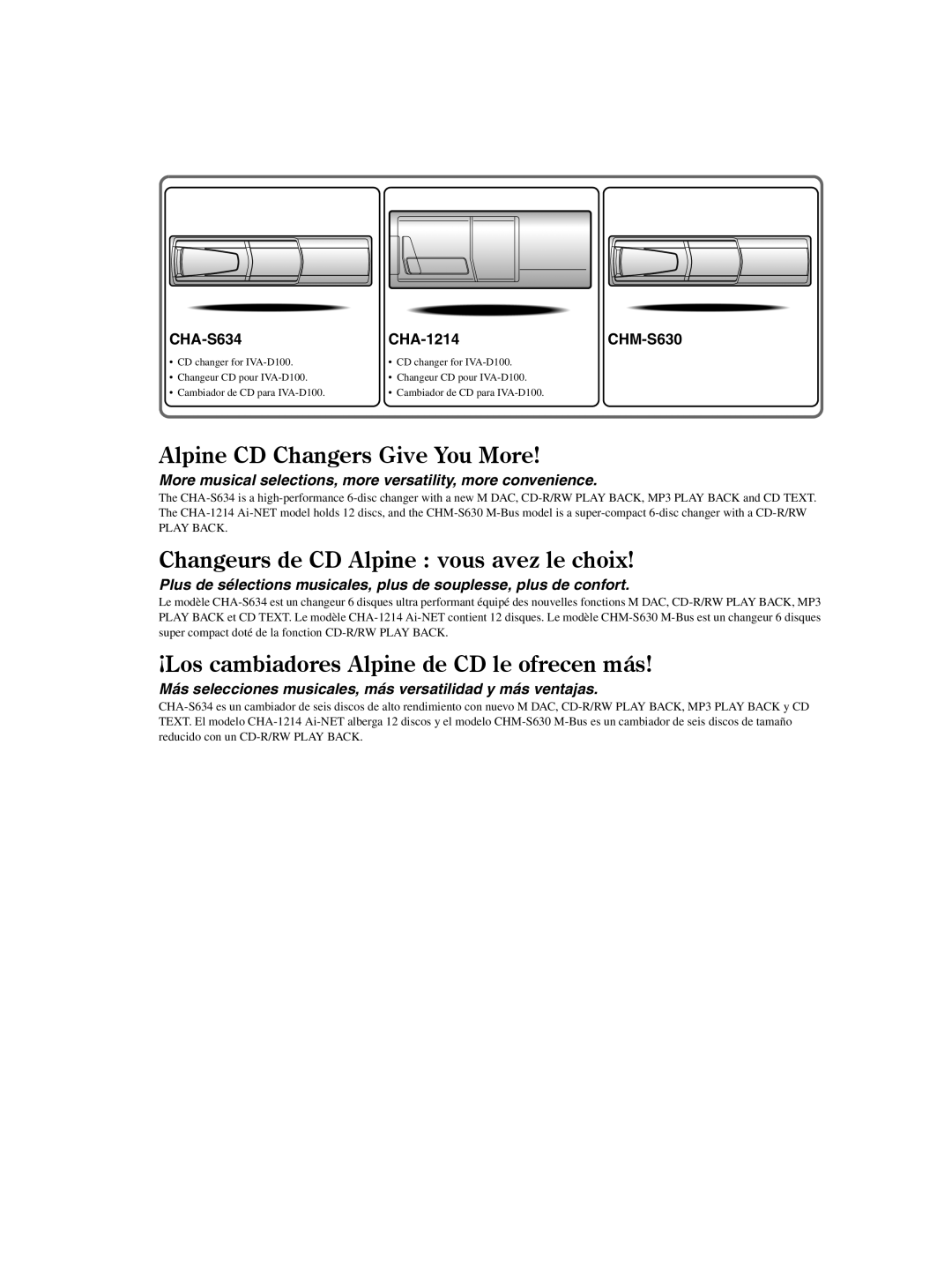 Alpine IVA-D100 owner manual CHA-S634, CHA-1214CHM-S630 