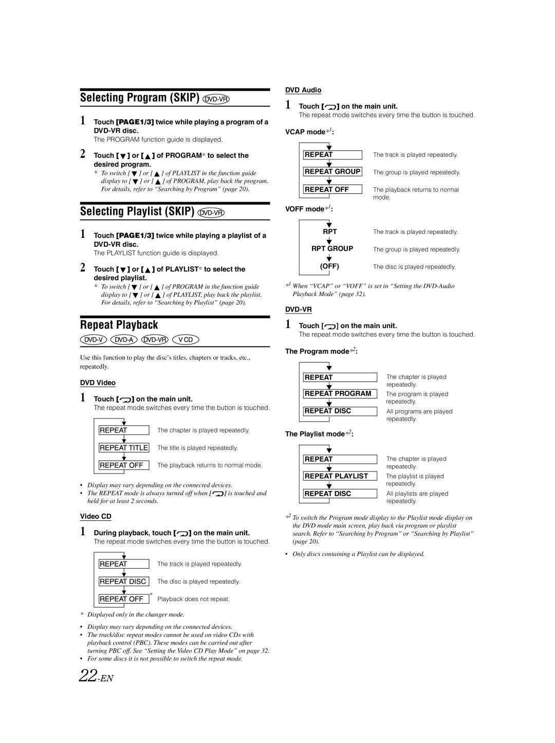 Alpine IVA-D100 owner manual Selecting Program Skip, Selecting Playlist Skip, Repeat Playback, 22-EN 